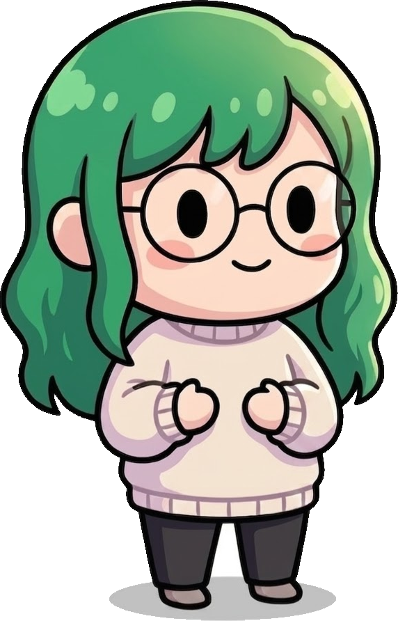 The Girl Math Lab illustrated host with emerald hair, round glasses, and a cream sweater.